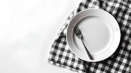 Empty plate with fork and knife on checkered tablecloth.の素材