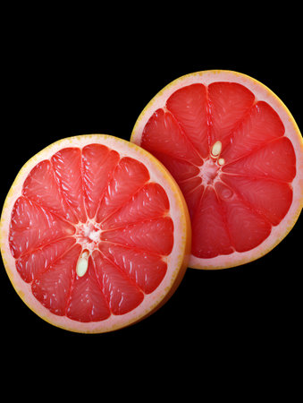 Two halves of grapefruit isolated on black background. Clipping Pathの素材