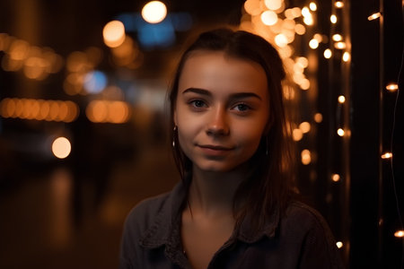 Portrait of a beautiful young woman in the street at night.の素材