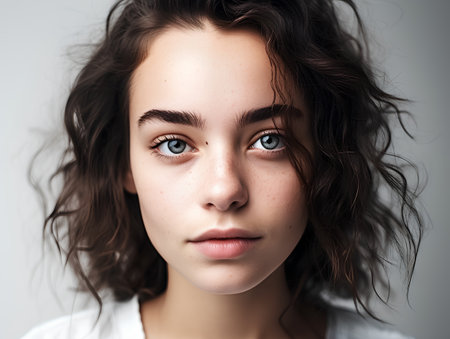 Close up portrait of a beautiful young woman looking at the camera.の素材