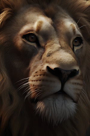 Close-up portrait of a male lion in profile. This is a 3d render illustration.の素材
