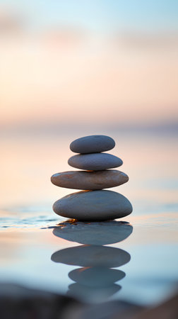 Stack of zen stones on the beach at sunset. Zen conceptの素材