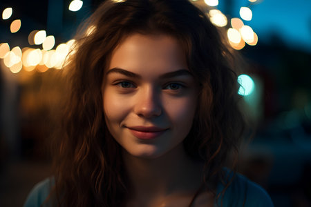 Portrait of a beautiful young woman in a city street at nightの素材