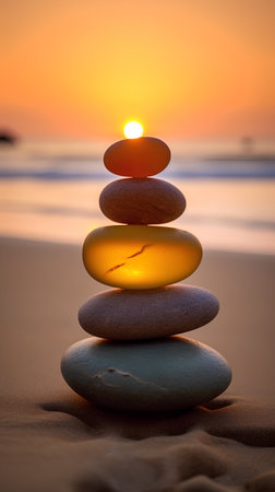 zen stones on the beach at sunset, concept of harmony and balanceの素材