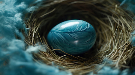 Blue easter egg in the bird's nest. Shallow depth of fieldの素材