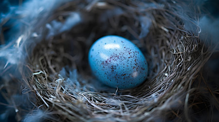 Blue Easter egg in a bird's nest on a dark blue backgroundの素材