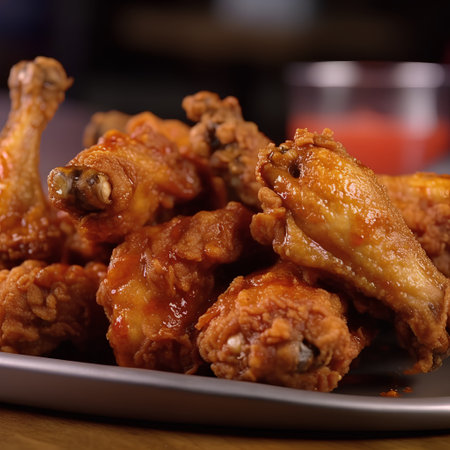Fried chicken wings on a plate, close-up, selective focusの素材