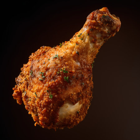 Crispy fried chicken leg on a dark background, close-upの素材