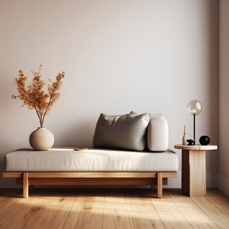 Interior of modern living room with sofa, coffee table and vase. 3d renderの素材