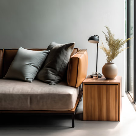 modern living room with brown sofa, lamp and plant in vaseの素材