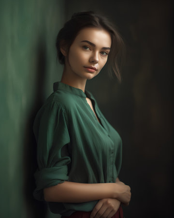 Fashion portrait of a beautiful young woman in a green blouseの素材