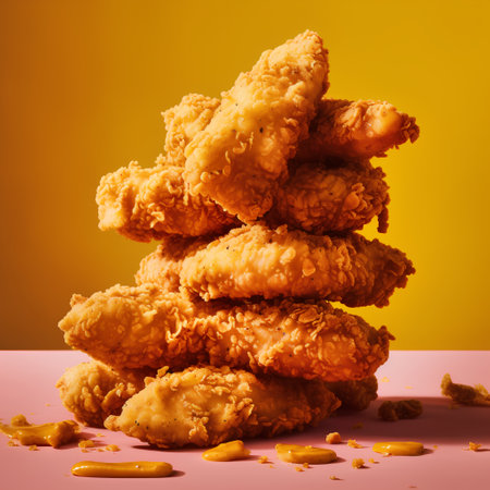 Fried chicken nuggets on a yellow background. Fast food.の素材