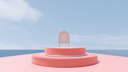 3d render of pink podium on blue sea and sky background.の素材