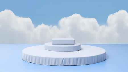 White podium on blue background with clouds. 3D render. Minimal concept.の素材
