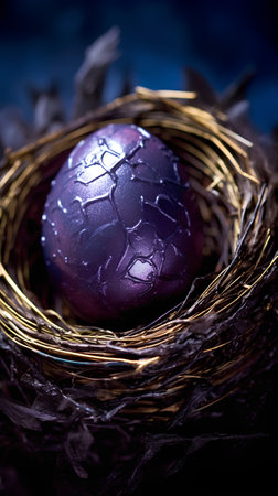 Easter egg in a nest on a dark background. Selective focus.の素材