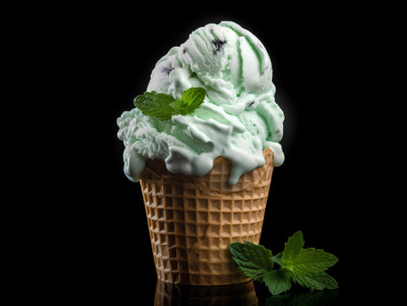 Ice cream in waffle cone with mint isolated on black background.の素材