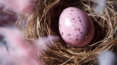 Easter eggs in nest with feathers. Happy Easter greeting card.の素材