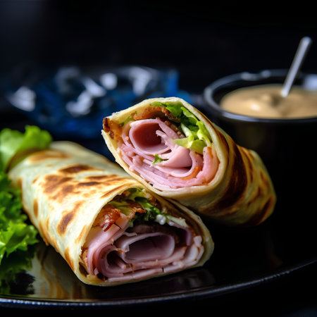 Pancakes stuffed with ham, cheese and salad on black backgroundの素材