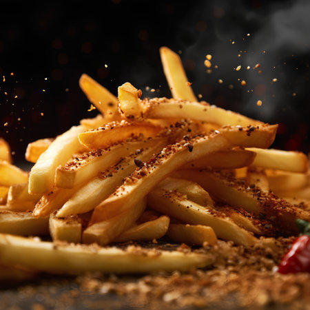 french fries with spices on a black background, close-upの素材