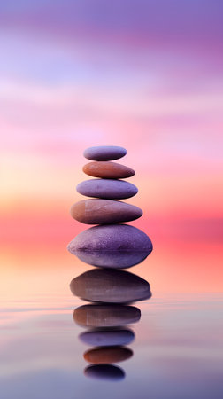 Stack of zen stones on the background of sunset. Zen conceptの素材