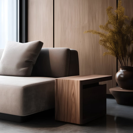 Modern living room interior with sofa and wooden table. 3d renderの素材