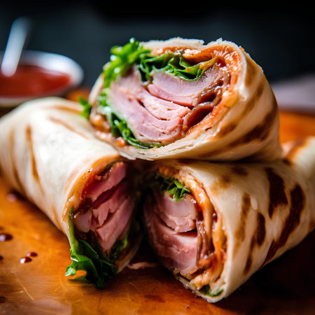 tortilla wrap with ham and vegetables on a wooden cutting boardの素材