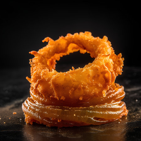 Crispy fried onion rings on a black background. Close up.の素材