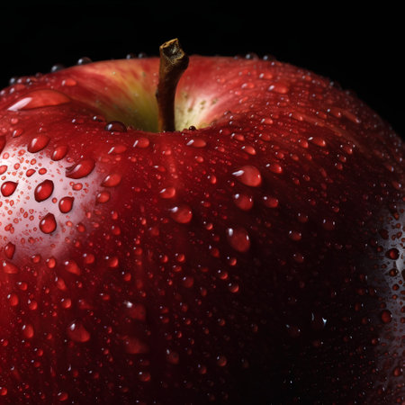 Red apple with water drops isolated on black background. Close up.の素材