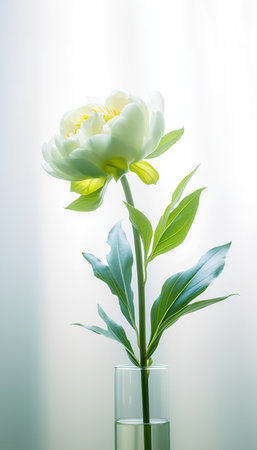 Beautiful white peony flower in vase on light background.の素材