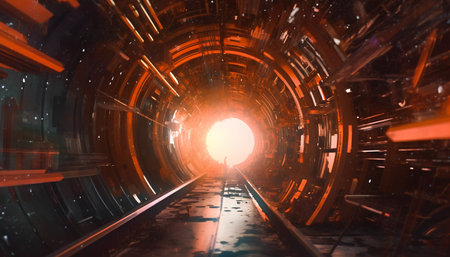 3D illustration of a futuristic tunnel with a bright light coming from the endの素材
