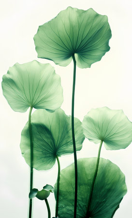 Green lotus leaves on white background with filter effect retro vintage styleの素材
