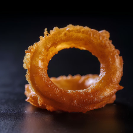 Fried onion rings on a dark stone background. Selective focus.の素材