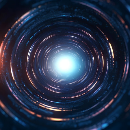 Neon circles background. Disco lights. Glowing spiral lines.の素材