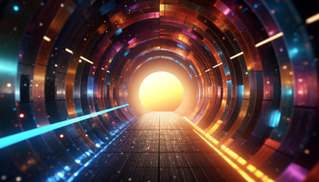 3D illustration of a futuristic tunnel with glowing lights and a bright sunの素材