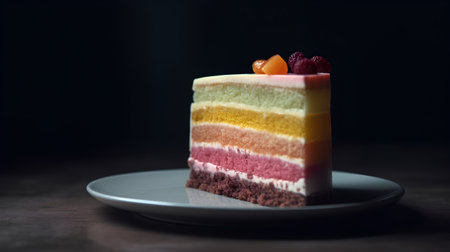 Piece of rainbow cake on a plate on a dark background.の素材
