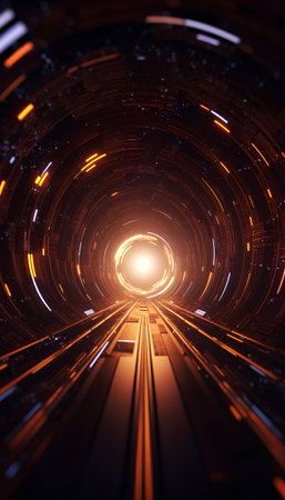 futuristic tunnel with glowing lights and motion blur 3d renderingの素材
