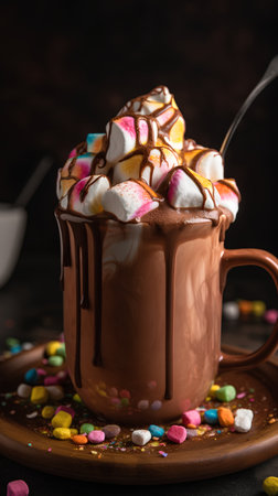 Hot chocolate with marshmallows and candies on a dark backgroundの素材
