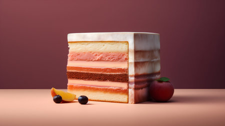 Piece of cake with cream and fruit. 3d illustration.の素材