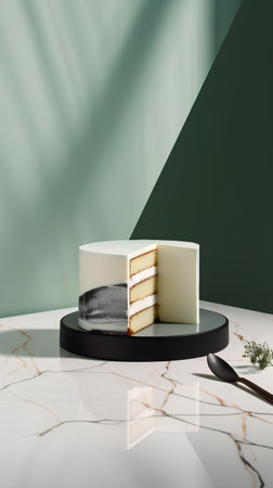 3d render of a cake on a white marble platform with green backgroundの素材