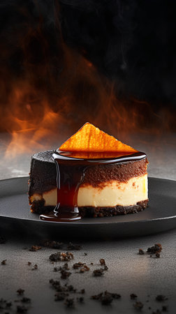 cheesecake with chocolate sauce on a black plate on a dark backgroundの素材