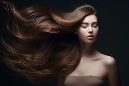 Beautiful young woman with long brown hair on dark background. Portrait of fashion model with professional make-upの素材