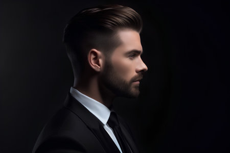 Handsome young elegant man in black suit. Studio fashion portrait.の素材