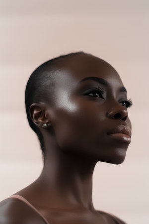 Portrait of a beautiful African American woman with black skin and make-upの素材