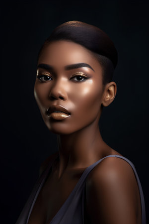Fashion portrait of beautiful african american woman with gold makeup.の素材