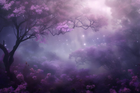 Mystical purple forest with glowing stars. 3D illustration.の素材