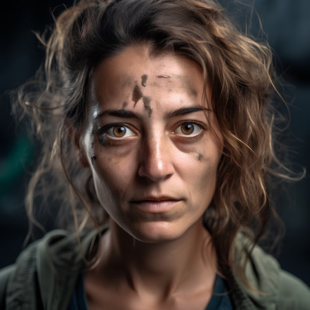 Portrait of a young woman with tears on her face and dirty faceの素材