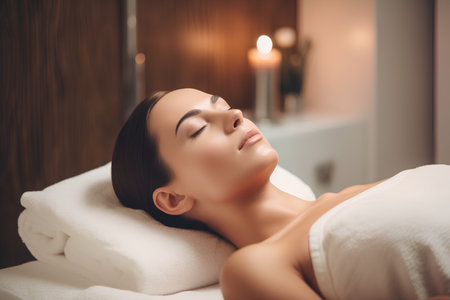 Beautiful young woman relaxing in spa salon. Face massage concept.の素材