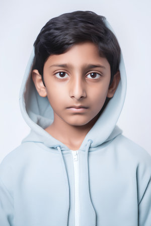 portrait of boy in hoodie looking at camera isolated on greyの素材