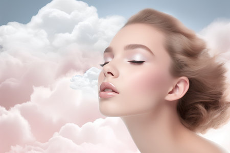 Portrait of beautiful young woman with cloud in her mouth. Blue sky background.の素材