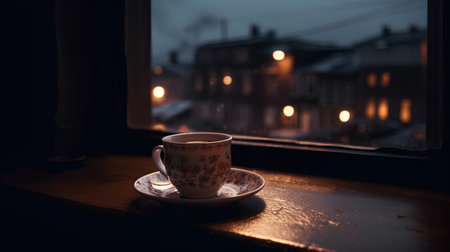 Cup of coffee on the windowsill in the evening. Selective focus.の素材